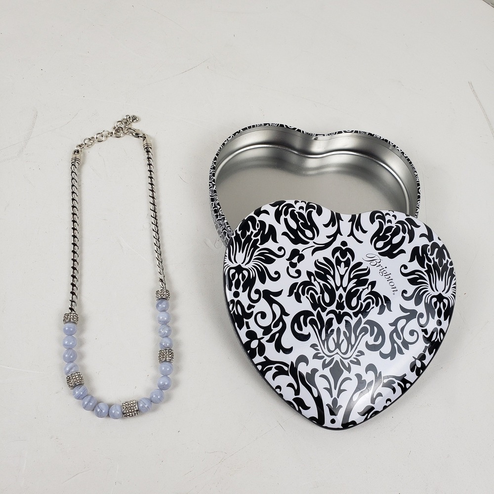 Brighton Blue Lace Agate Silver Tone Crystal Bead Necklace with Heart Tin